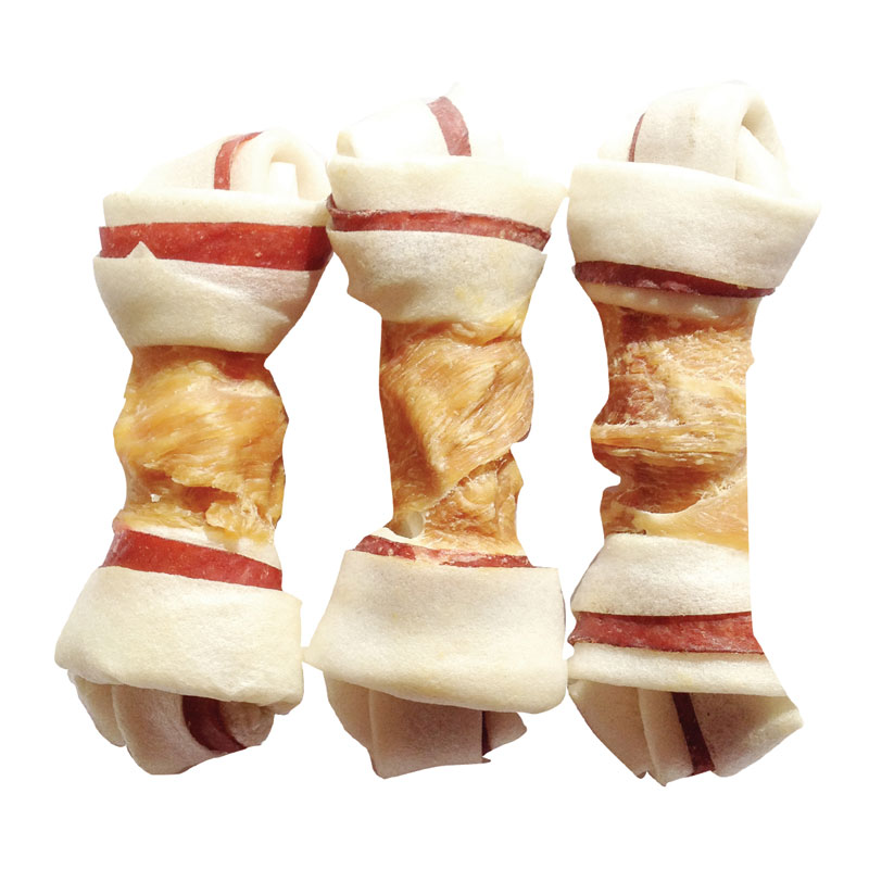 dog pet snacks rawhide knotted bone  with chicken
