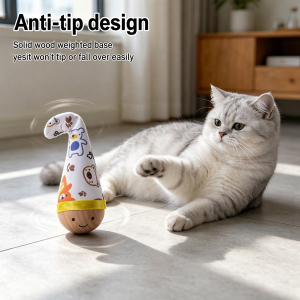 Cartoon Print Tumbler Cat Wooden Base Self Righting Wobble Toy