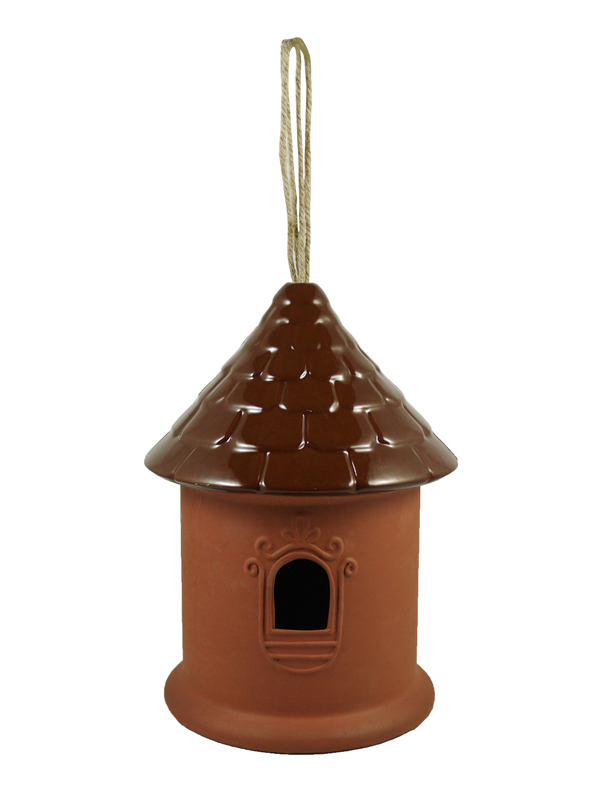 Terracotta bird house with glazed roof