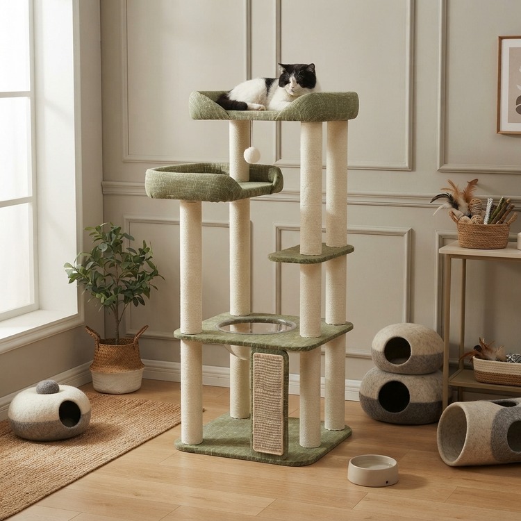 Cat tower with a large foam bed